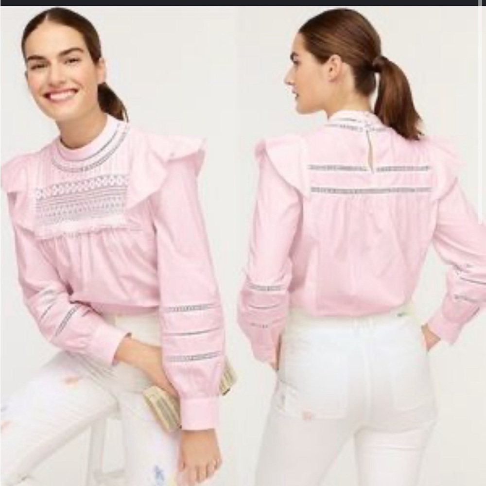 J Crew Women's Size XXL Long Sleeve Pink Crocheted Lace Ruffle top NWOT
